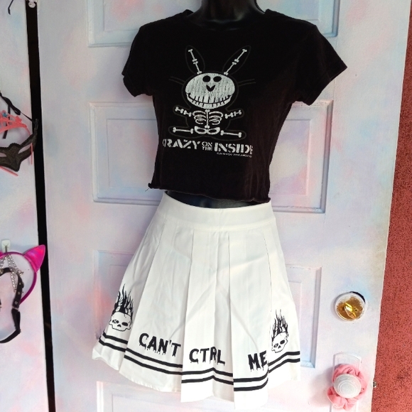 Hot Topic Dresses & Skirts - Pleated "Can't control me" cyber goth skirt w flaming skulls! SOLD@hosted store